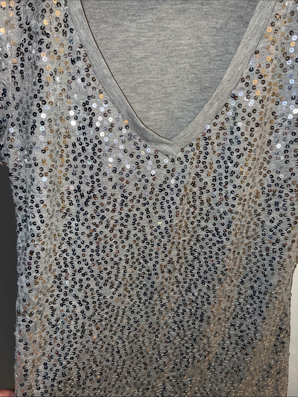 Vintage Dots- Sequin V-Neck Short Sleeve Top in Silver- Size XL